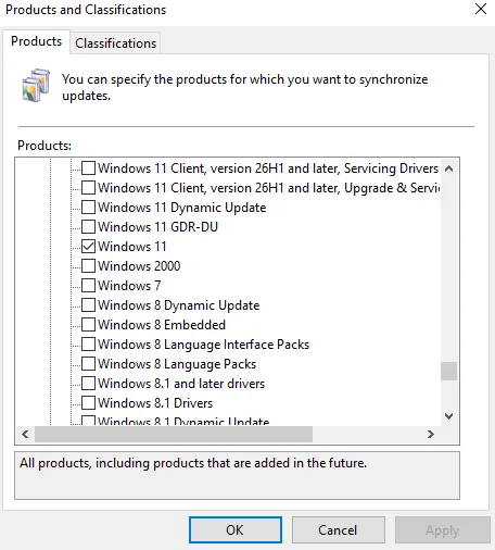 WSUS console Classifications tab with Critical Updates, Security Updates, and Updates selected, all other classifications unchecked