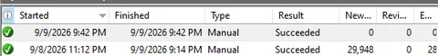 WSUS synchronization result summary confirming the sync status as Succeeded