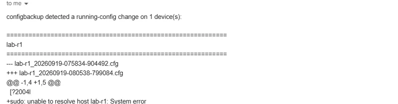 Gmail alert email showing configbackup detected a running-config change on lab-r1, with a unified diff in the message body between the two backup filenames, including two unexpected extra lines above the actual hostname change