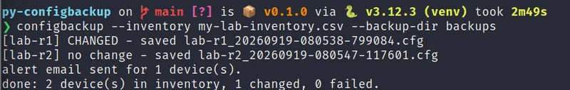 Terminal output of the second configbackup run showing lab-r1 flagged as CHANGED after a hostname edit, lab-r2 reporting no change, and confirmation that an alert email was sent for one device