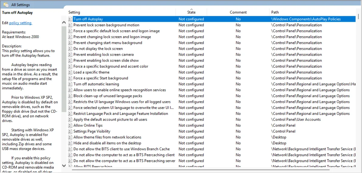 Local Group Policy Editor All Settings view sorted by state showing every setting Not configured after the undo round