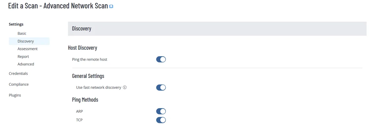 Tenable Advanced Network Scan Discovery settings with Use fast network discovery enabled