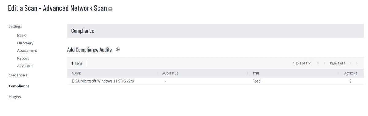 Tenable scan Compliance tab with the DISA Microsoft Windows 11 STIG v2r9 audit added