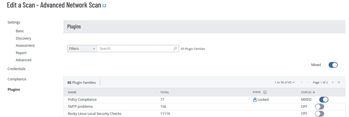Tenable Plugins tab with only the Policy Compliance family enabled and every other family turned off