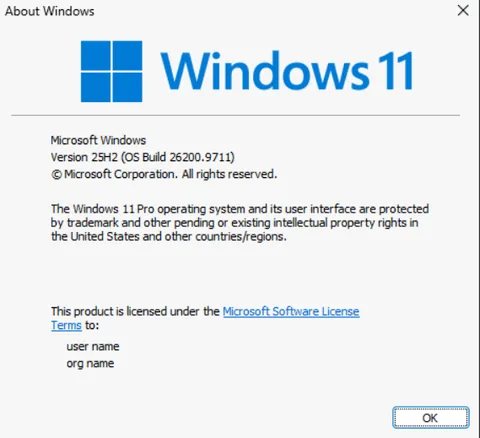 About Windows dialog showing Windows 11 version 25H2, OS build 26200.9711