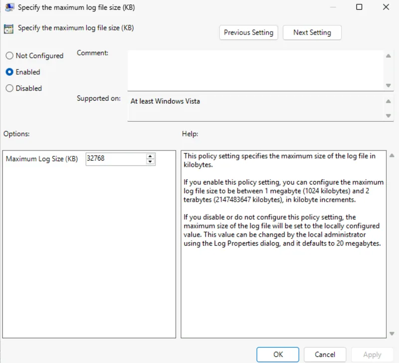 Group Policy setting Specify the maximum log file size enabled with 32768 KB for the Windows Application event log