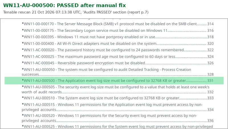 Tenable compliance report extract with WN11-AU-000500 highlighted in the Audits PASSED section after the manual fix