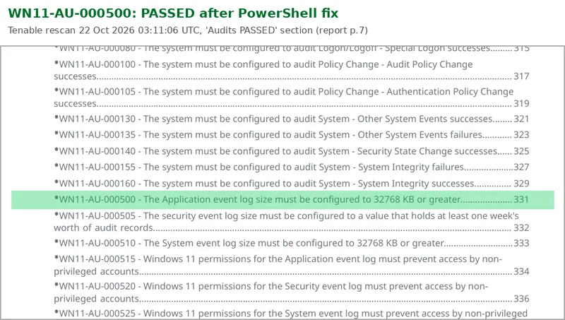 Tenable compliance report extract with WN11-AU-000500 highlighted in the Audits PASSED section after the PowerShell remediation script