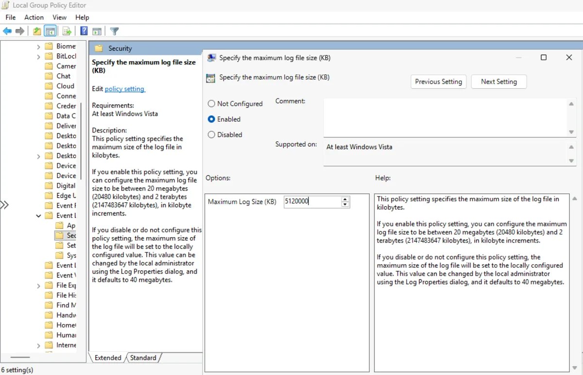 Group Policy setting Specify the maximum log file size enabled with 5120000 KB for the Windows Security event log