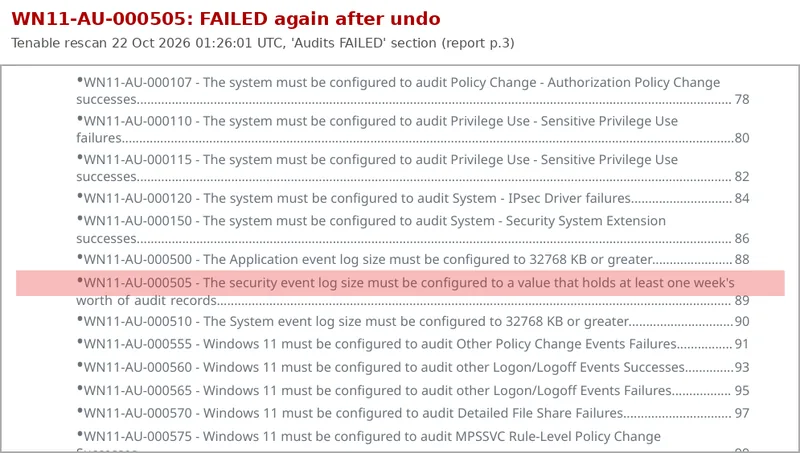 Tenable compliance report extract with WN11-AU-000505 highlighted in the Audits FAILED section after the fix was undone