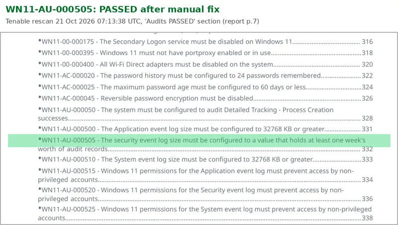 Tenable compliance report extract with WN11-AU-000505 highlighted in the Audits PASSED section after the manual fix