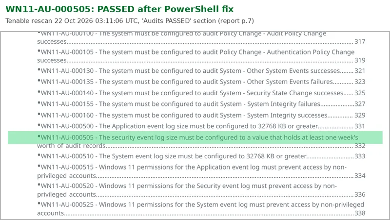 Tenable compliance report extract with WN11-AU-000505 highlighted in the Audits PASSED section after the PowerShell remediation script