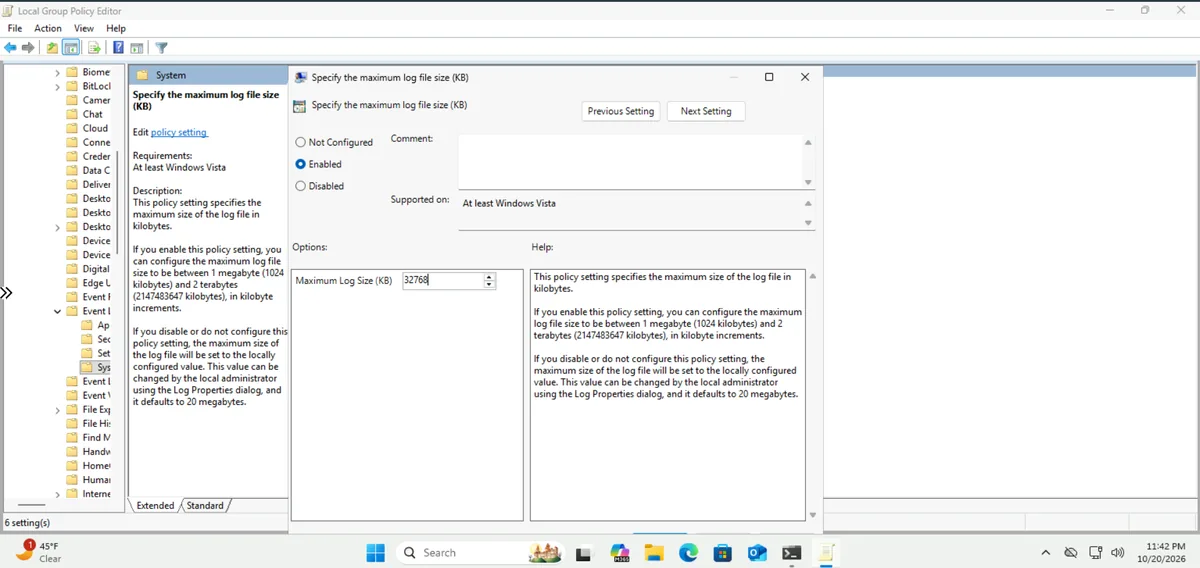 Group Policy setting Specify the maximum log file size enabled with 32768 KB for the Windows System event log