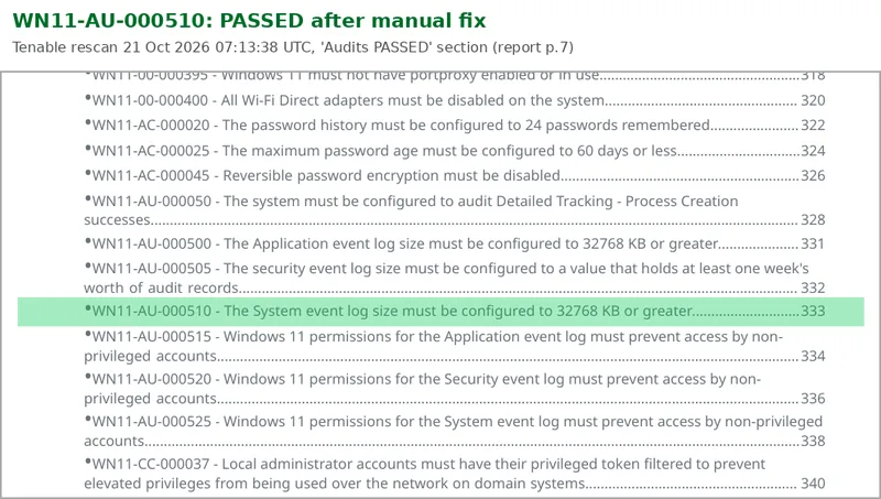 Tenable compliance report extract with WN11-AU-000510 highlighted in the Audits PASSED section after the manual fix