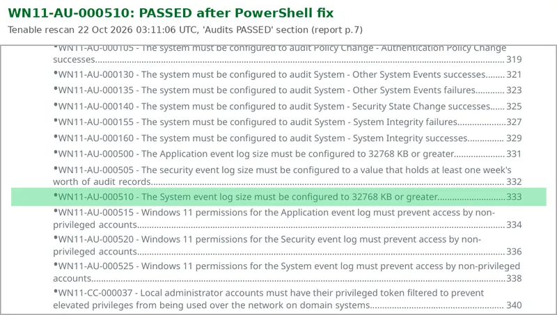 Tenable compliance report extract with WN11-AU-000510 highlighted in the Audits PASSED section after the PowerShell remediation script