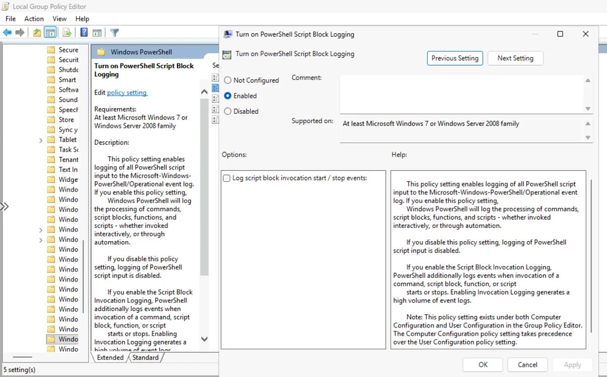 Group Policy setting Turn on PowerShell Script Block Logging enabled in the Windows PowerShell administrative template