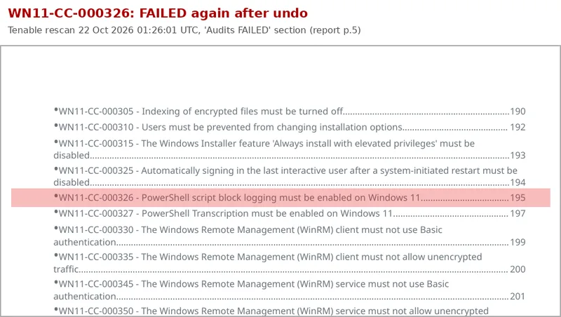 Tenable compliance report extract with WN11-CC-000326 highlighted in the Audits FAILED section after the fix was undone