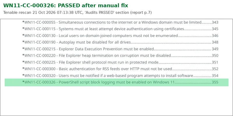 Tenable compliance report extract with WN11-CC-000326 highlighted in the Audits PASSED section after the manual fix