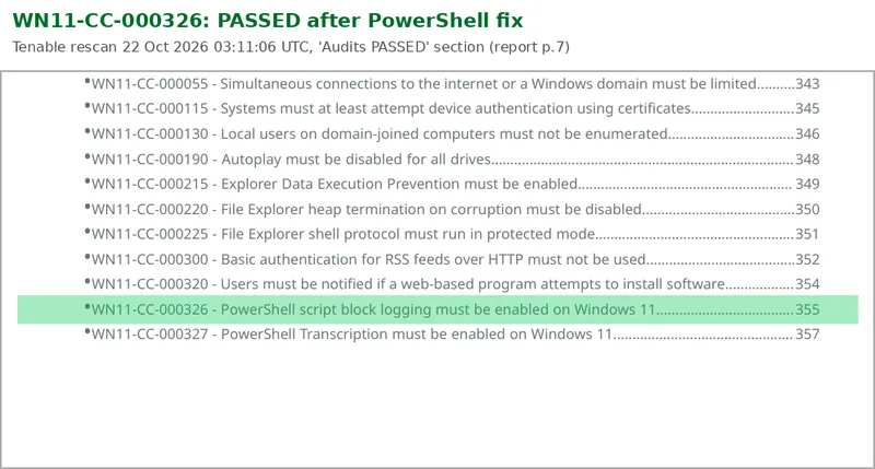 Tenable compliance report extract with WN11-CC-000326 highlighted in the Audits PASSED section after the PowerShell remediation script
