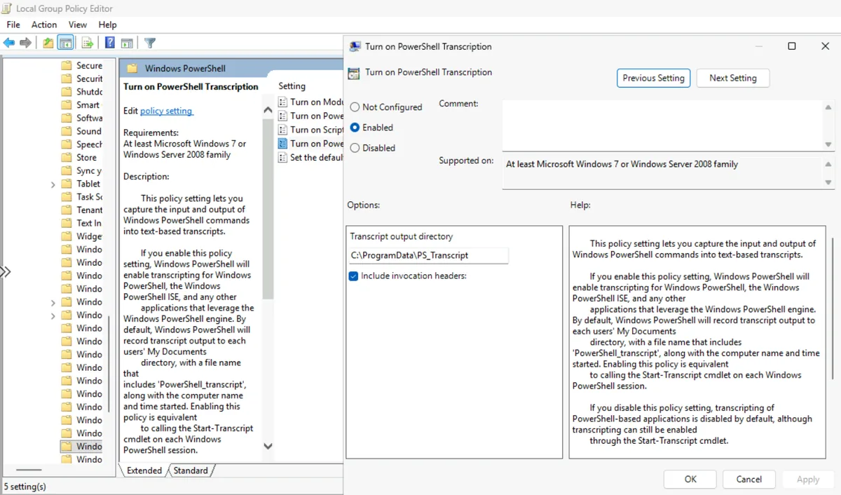 Group Policy setting Turn on PowerShell Transcription enabled with output directory C:\ProgramData\PS_Transcript and invocation headers