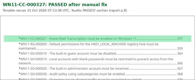 Tenable compliance report extract with WN11-CC-000327 highlighted in the Audits PASSED section after the manual fix
