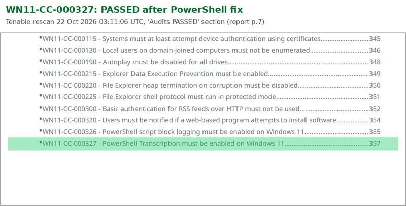 Tenable compliance report extract with WN11-CC-000327 highlighted in the Audits PASSED section after the PowerShell remediation script