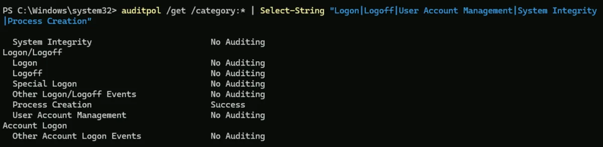 auditpol output showing Logon, Logoff, Special Logon, User Account Management and System Integrity at No Auditing while Process Creation is Success