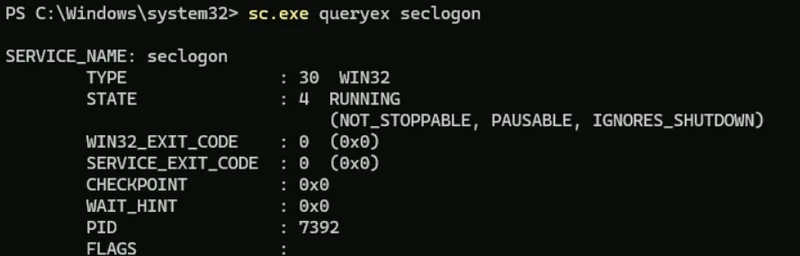 sc.exe queryex seclogon output showing STATE 4 RUNNING with NOT_STOPPABLE PAUSABLE IGNORES_SHUTDOWN flags