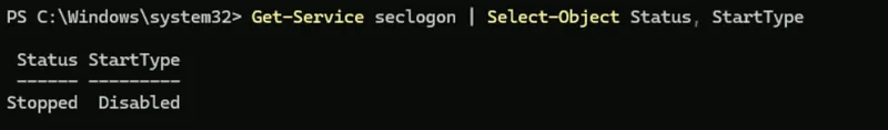 Get-Service seclogon output showing Status Stopped and StartType Disabled after a reboot