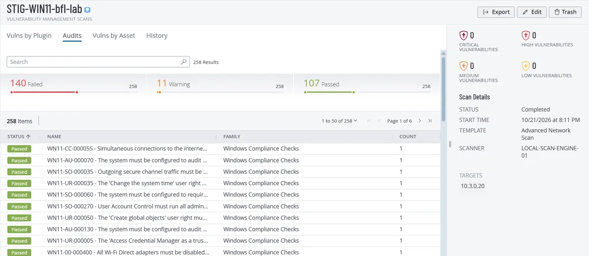 Tenable Vulnerability Management Audits tab for the final scan showing 140 Failed, 11 Warning and 107 Passed out of 258 results