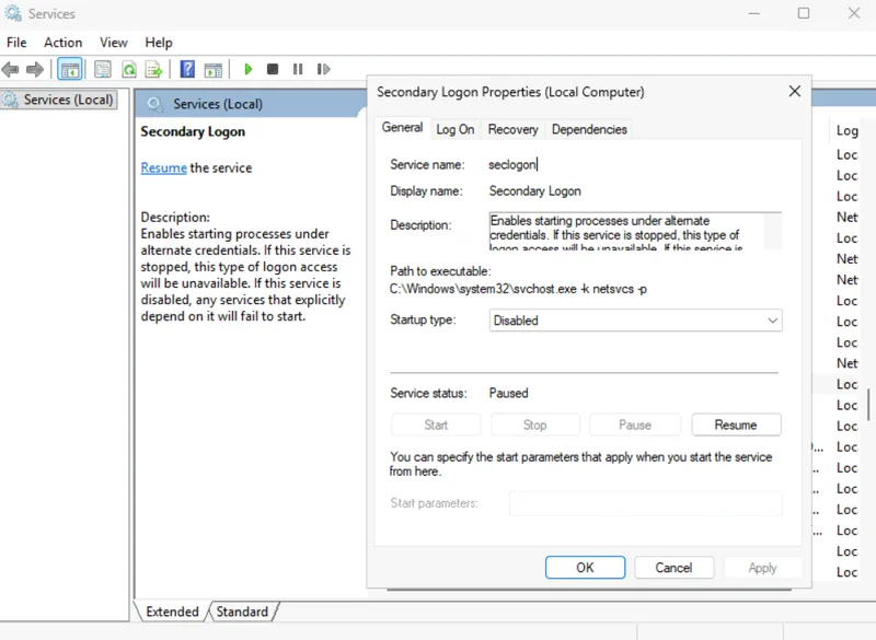 Secondary Logon service properties with startup type Disabled and service status Paused