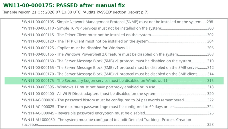 Tenable compliance report extract with WN11-00-000175 highlighted in the Audits PASSED section after the manual fix