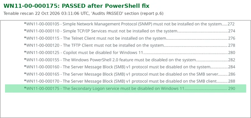 Tenable compliance report extract with WN11-00-000175 highlighted in the Audits PASSED section after the PowerShell remediation script