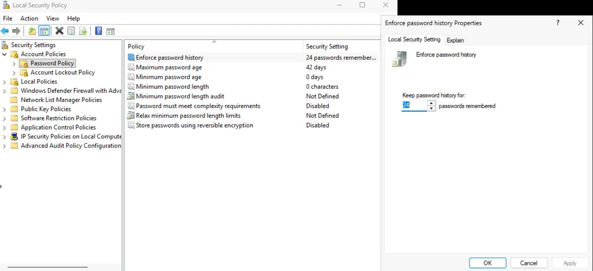 Local Security Policy Password Policy with Enforce password history set to 24 passwords remembered