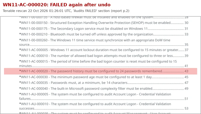 Tenable compliance report extract with WN11-AC-000020 highlighted in the Audits FAILED section after the fix was undone