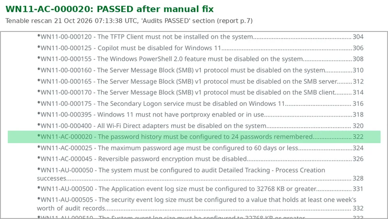 Tenable compliance report extract with WN11-AC-000020 highlighted in the Audits PASSED section after the manual fix