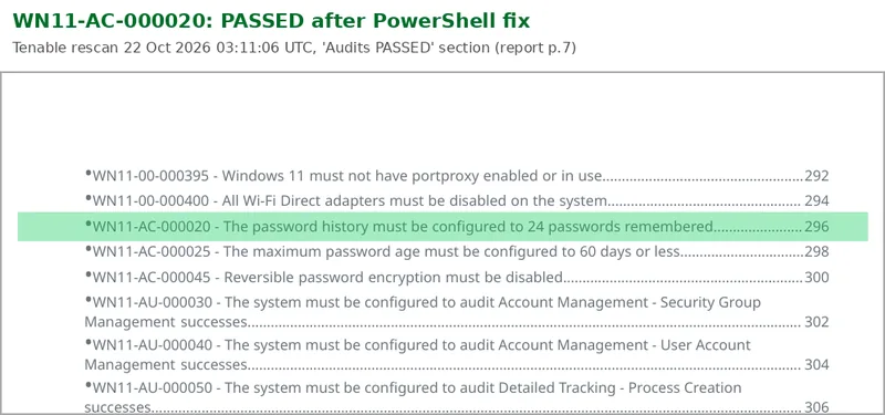 Tenable compliance report extract with WN11-AC-000020 highlighted in the Audits PASSED section after the PowerShell remediation script