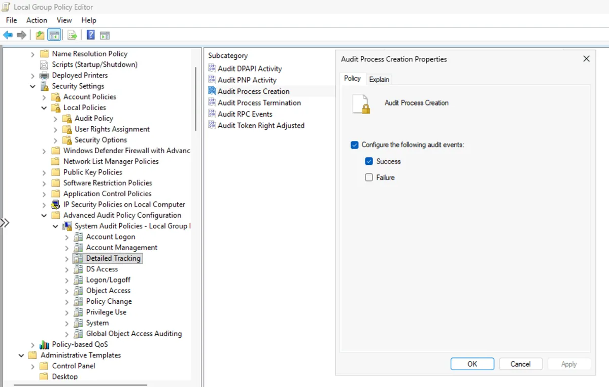Advanced Audit Policy Configuration in the Local Group Policy Editor with Audit Process Creation set to Success under Detailed Tracking