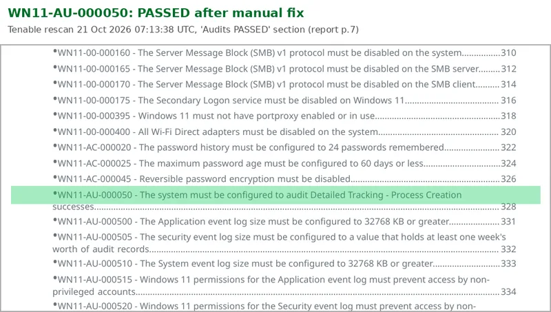 Tenable compliance report extract with WN11-AU-000050 highlighted in the Audits PASSED section after the manual fix