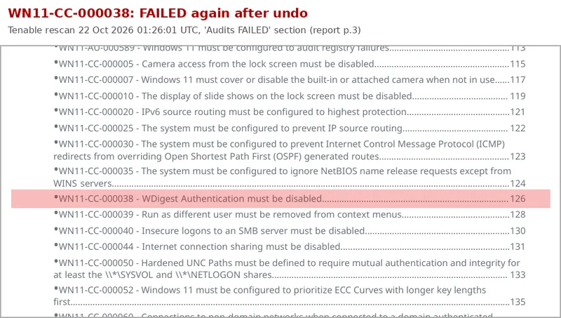Tenable compliance report extract with WN11-CC-000038 highlighted in the Audits FAILED section after the fix was undone