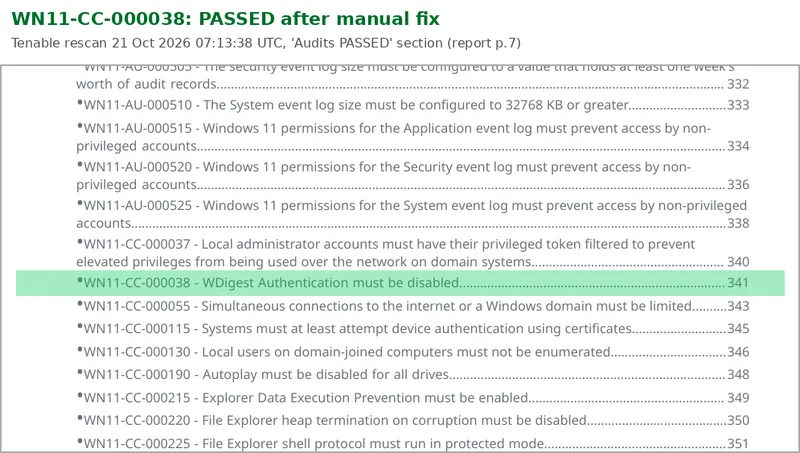 Tenable compliance report extract with WN11-CC-000038 highlighted in the Audits PASSED section after the manual fix