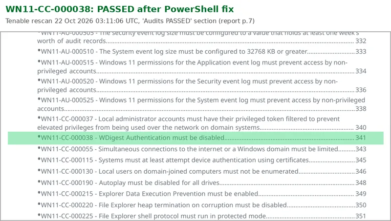 Tenable compliance report extract with WN11-CC-000038 highlighted in the Audits PASSED section after the PowerShell remediation script