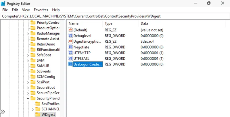 Registry Editor at HKLM SYSTEM CurrentControlSet Control SecurityProviders WDigest with UseLogonCredential REG_DWORD set to 0
