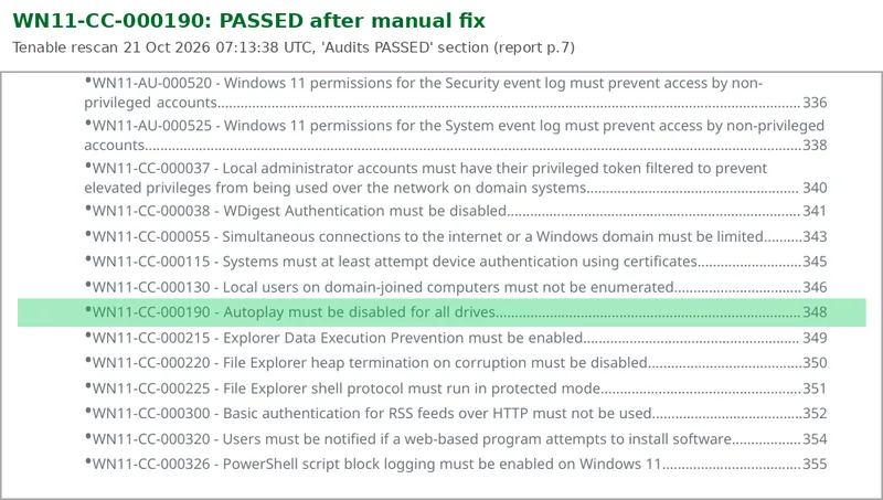 Tenable compliance report extract with WN11-CC-000190 highlighted in the Audits PASSED section after the manual fix