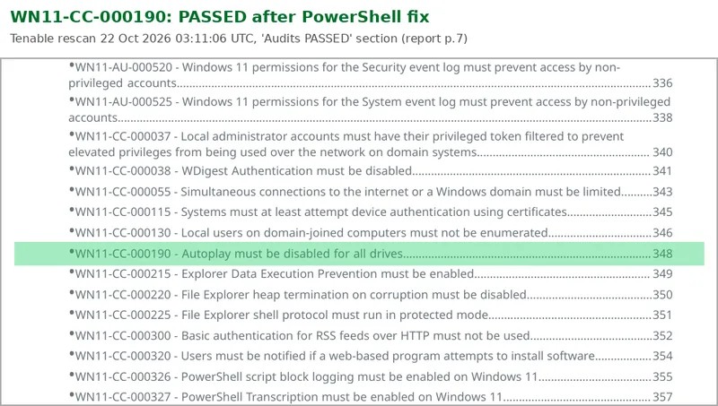 Tenable compliance report extract with WN11-CC-000190 highlighted in the Audits PASSED section after the PowerShell remediation script