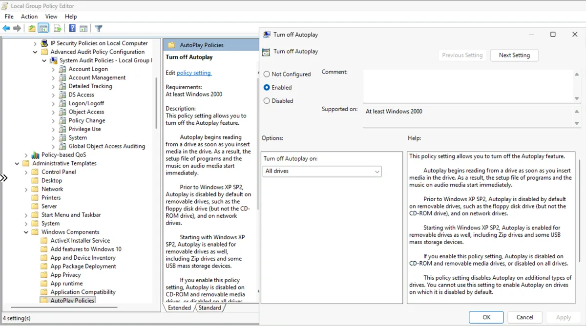 Group Policy setting Turn off Autoplay enabled for All drives under AutoPlay Policies
