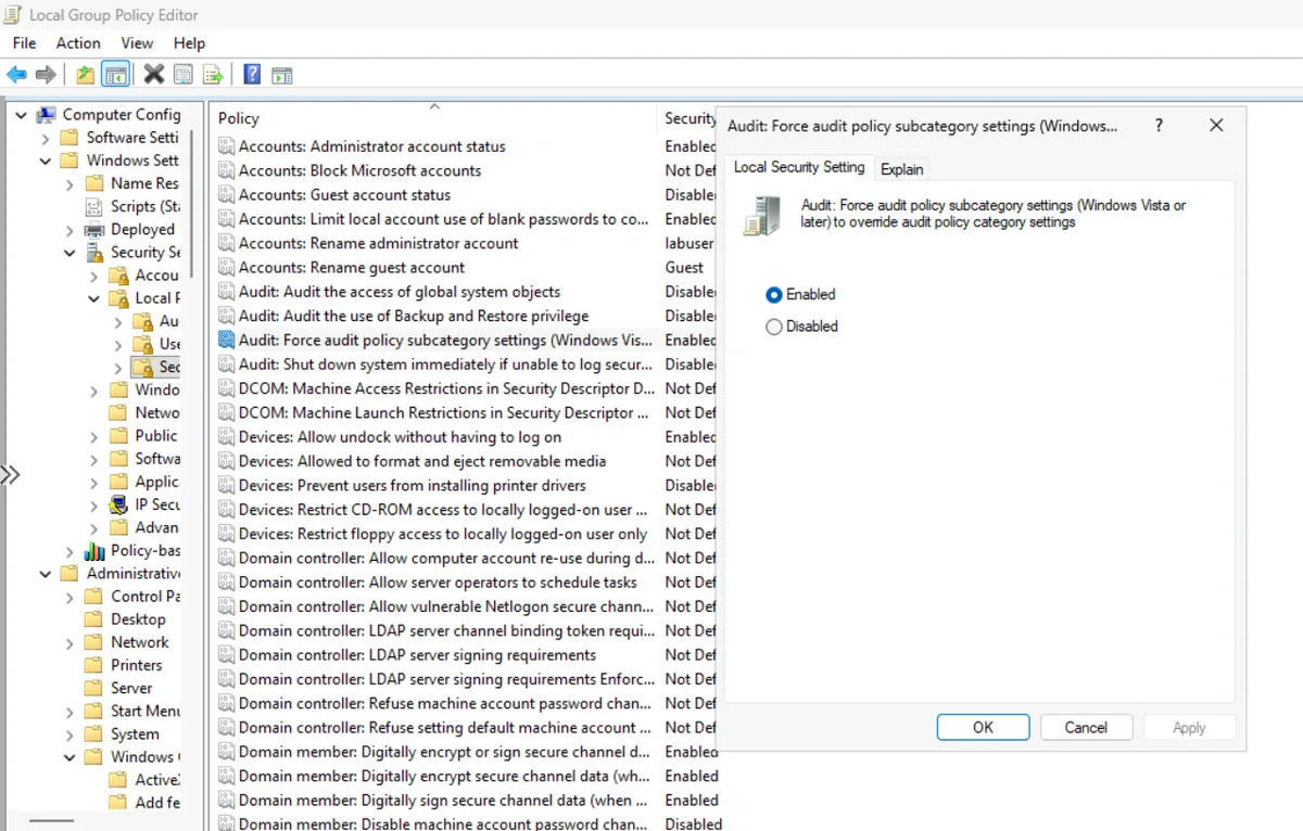 Local Security Policy option Audit Force audit policy subcategory settings to override audit policy category settings set to Enabled
