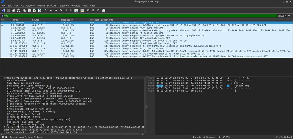 Wireshark packet list showing all seven DNS query and response pairs against Google's public resolver, including the truncated cloudflare.com TXT lookup and the NXDOMAIN response for a domain that doesn't exist