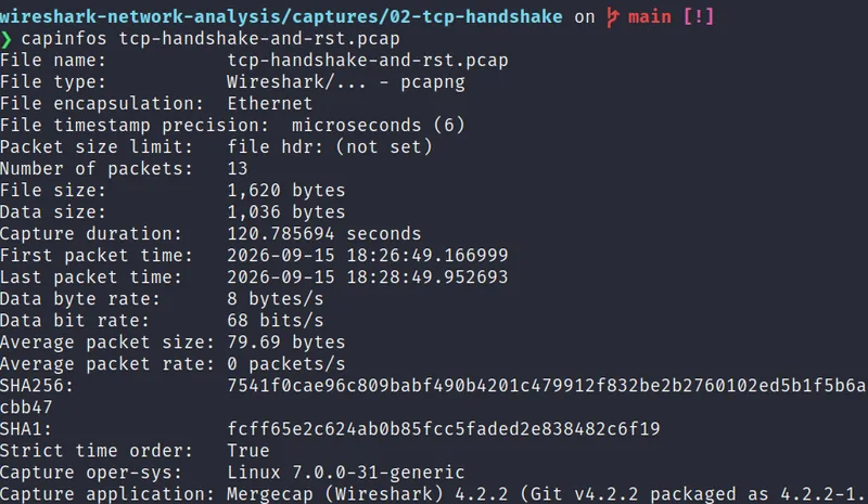 Terminal output of capinfos verifying the merged TCP handshake and RST capture file before analysis in Wireshark