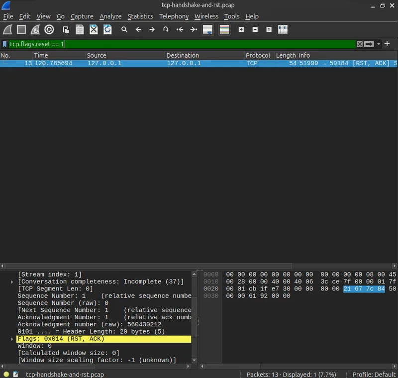 Wireshark packet detail of a RST, ACK packet sent immediately in response to a SYN aimed at a closed port, with no handshake attempted